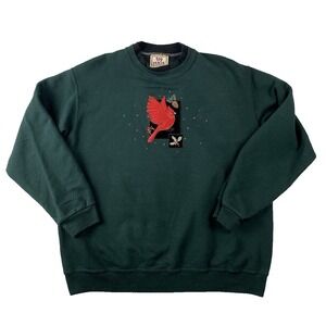 VTG Top Stitch Christmas Sweater Women L Green Embroidered Cardinal Bird Holiday
